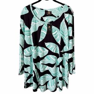 NWT JM Collections XL Long Sleeve Black Green Leaf Print Liquid Knit Workwear